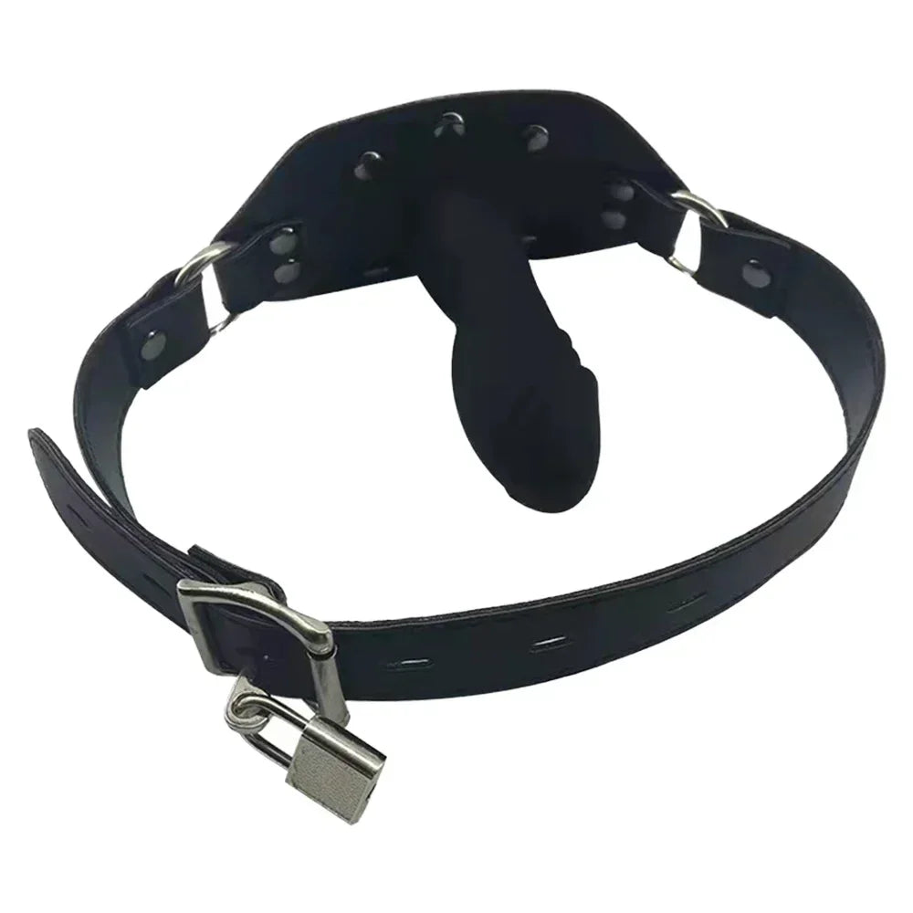 Lockable Silicone Penis Mouth Gag Leather Strap