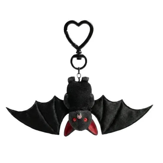 A soft black plush bat with spread wings, red inner ears, and small red bead eyes.