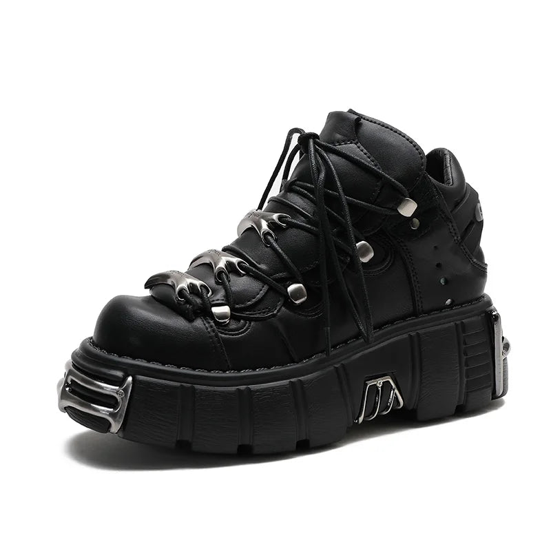 A pair of black platform lace-up sneakers with metal hardware and a 6cm sole, shown against a plain white background.