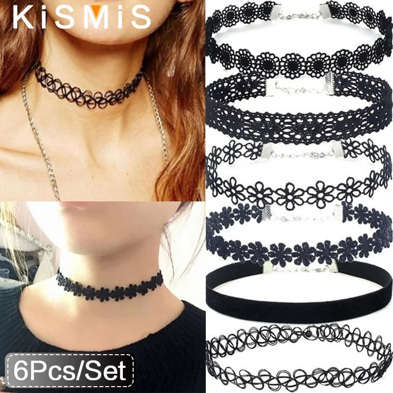 Black lace gothic choker necklace set 6 piece, view 1