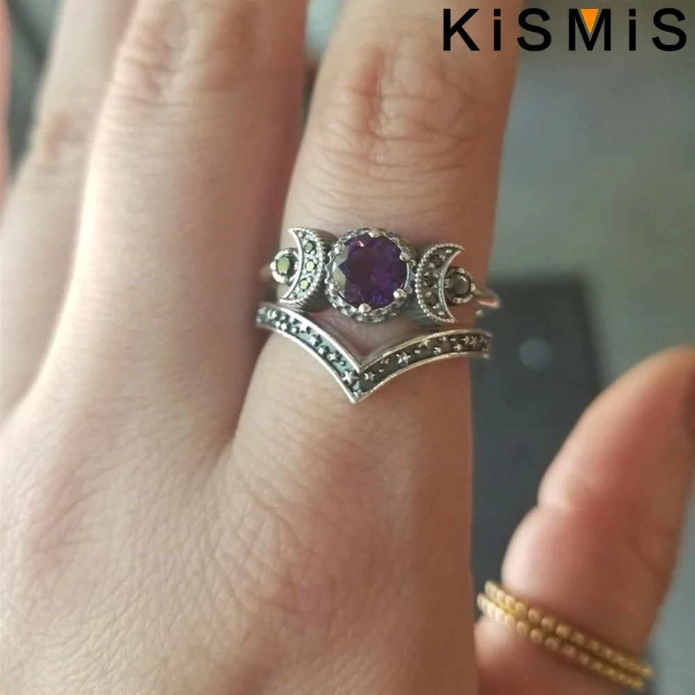 Triple moon goddess witch rings set, view 2