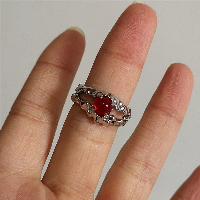 Silver Vine Round Red Cabochon Ring