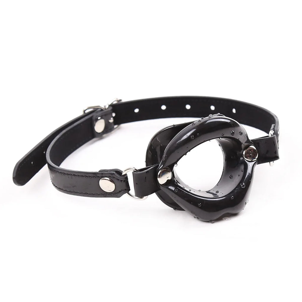 Black silicone lips open-mouth gag on an adjustable black strap