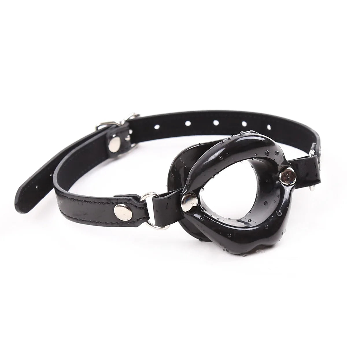 Black silicone lips open-mouth gag on an adjustable black strap