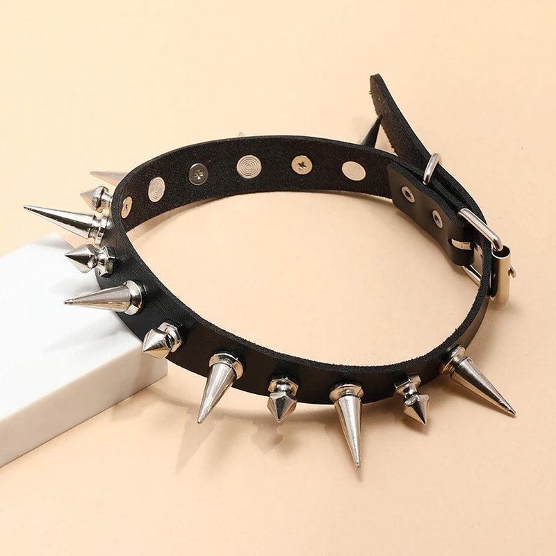 Long Spike Faux Leather Choker, Punk Collar
