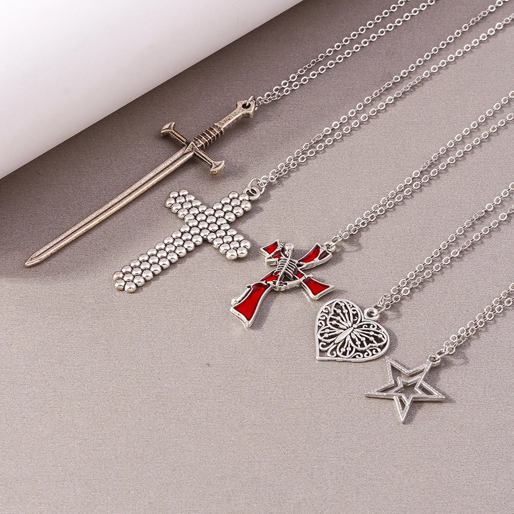 Gothic religious cross and red heart pendant necklace set view 3