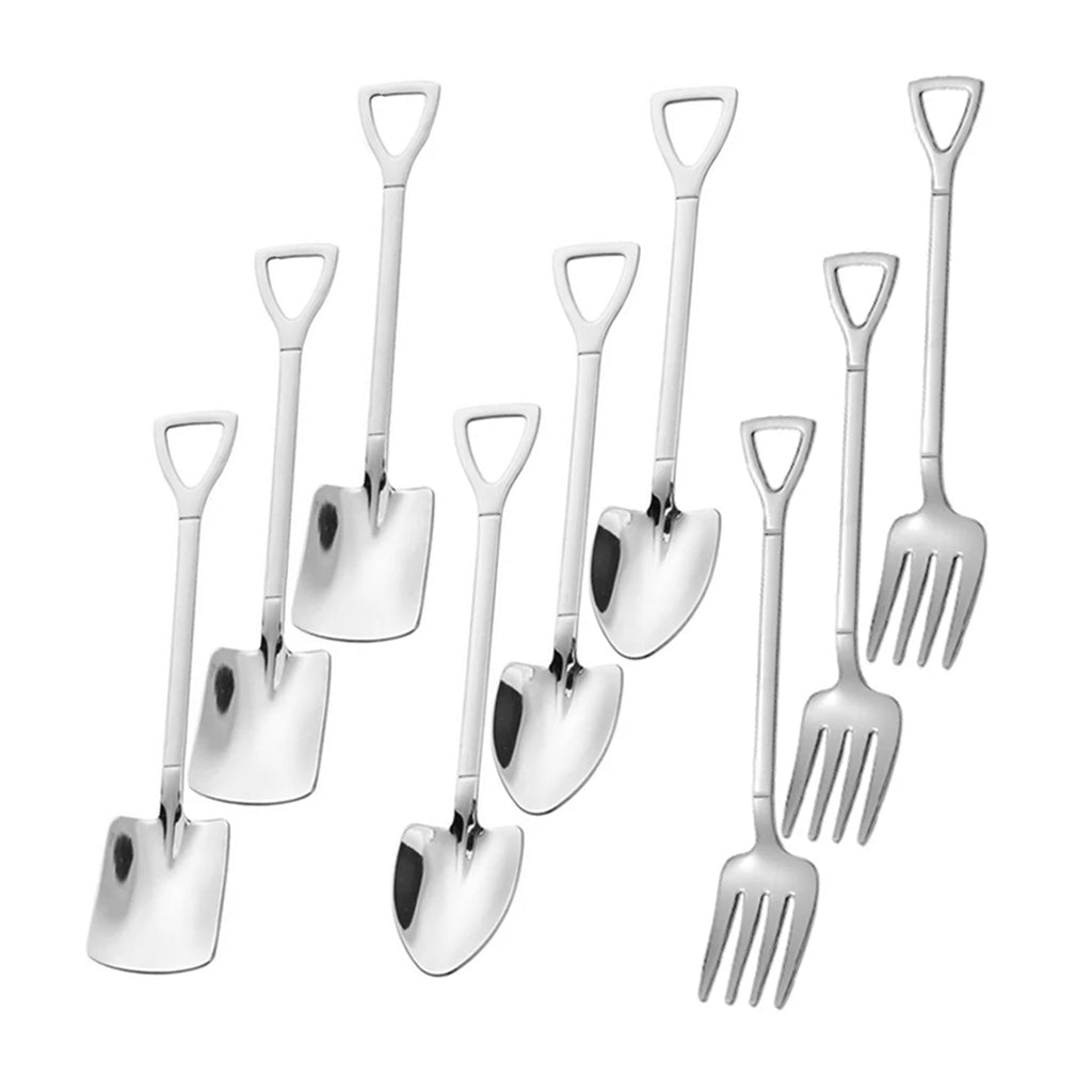 A 9-piece stainless steel dessert set with handles shaped like tiny shovels and garden forks, D-handle and all.