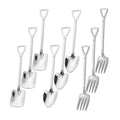 A 9-piece stainless steel dessert set with handles shaped like tiny shovels and garden forks, D-handle and all.