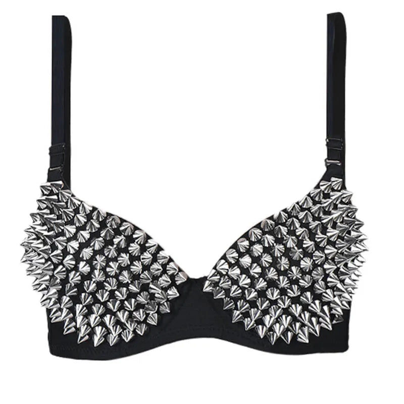 Black bra with silver spike details on a white background