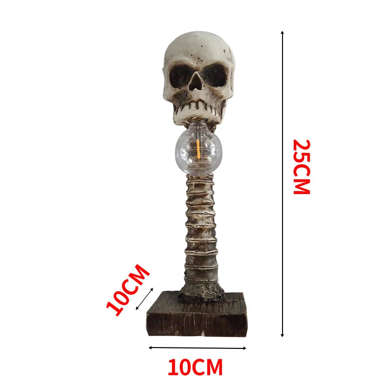 Skull-shaped lamp with measurements on a white background