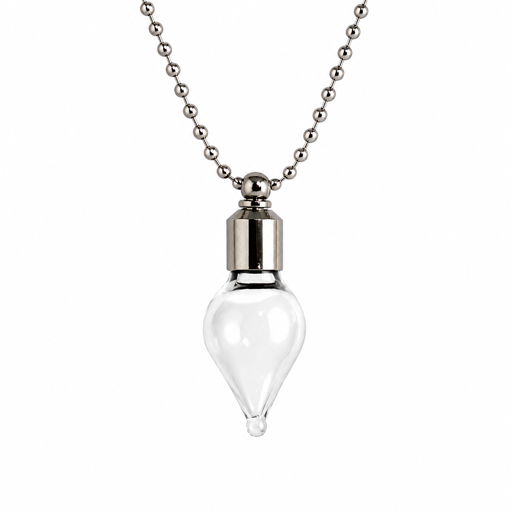 Clear glass vial pendant with a silver cap on a silver ball chain, shown against a white background.