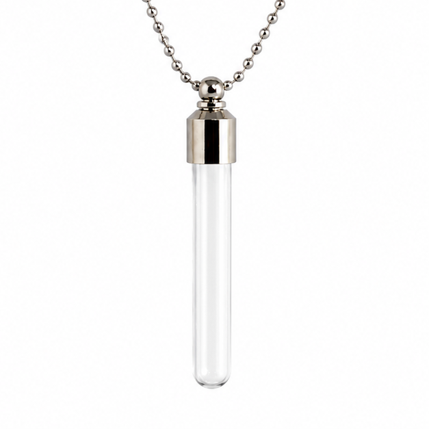 Clear glass tube vial pendant with a silver cap on a silver ball chain, shown against a white background.